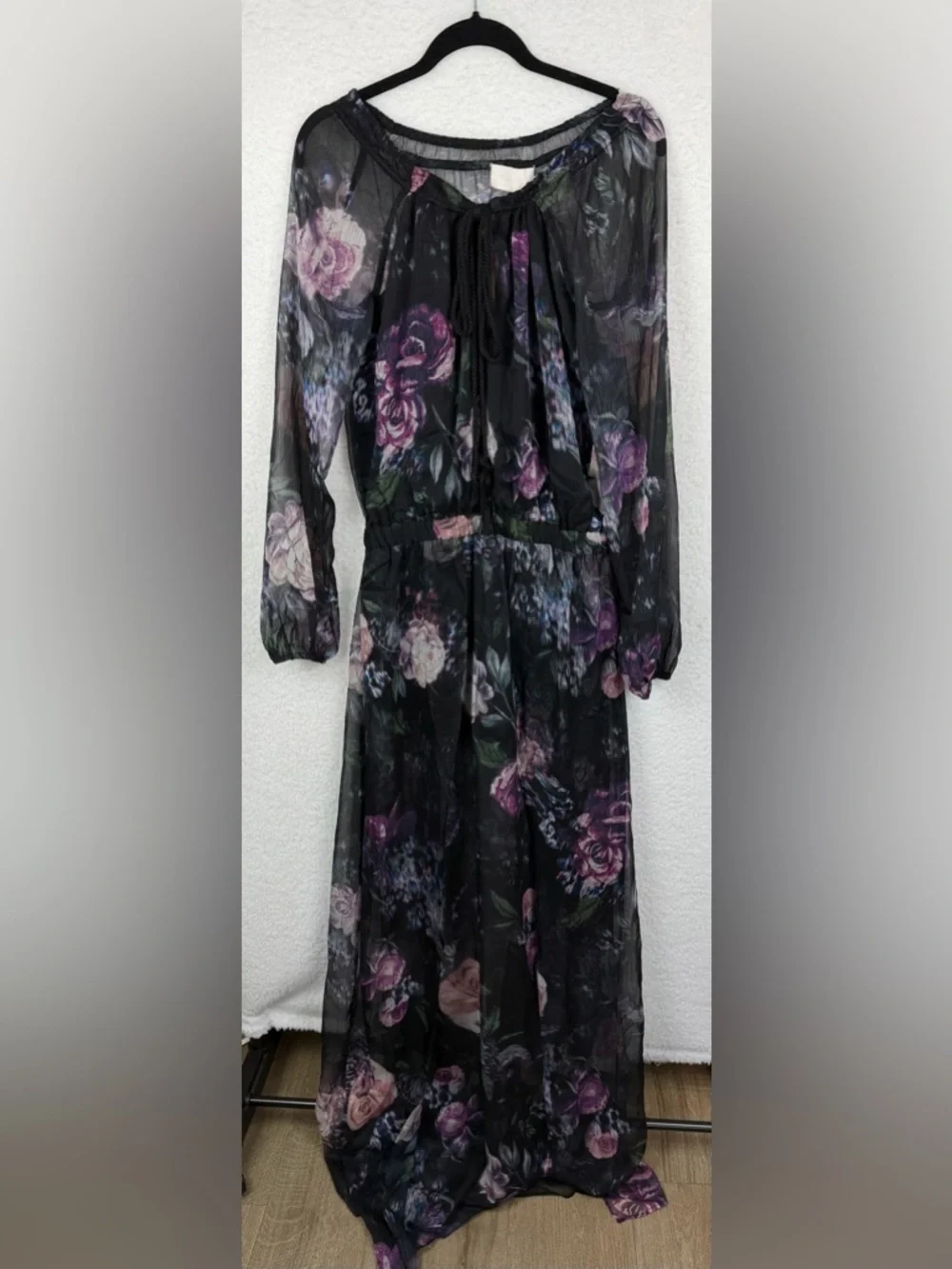 (NWT) THE JETSET DIARIES • Black/Multi Floral Peony Semi-Sheer Maxi Dress, L - Picture 11 of 14